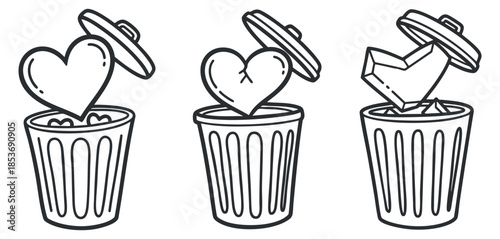 A set of three outline illustrations of hearts in trash bins, featuring minimalistic vector style, suitable for creative projects and emotional design themes