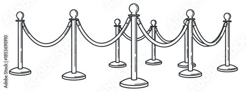 A set of stanchions with ropes in minimalist outline vector style, ideal for event management and crowd control