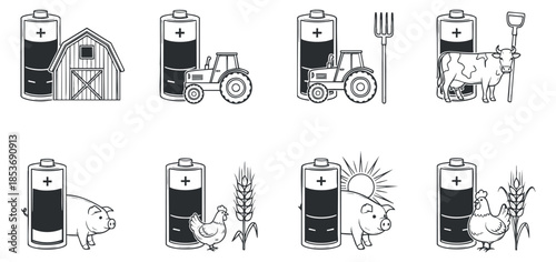 A collection of farming icons including a barn, tractor, pig, chicken, cow, and crops in black and white outline vector style, ideal for agricultural branding and eco-friendly projects