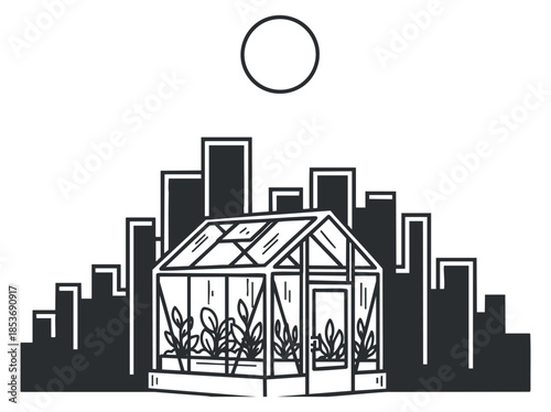 A greenhouse with plants surrounded by a city skyline in black and white minimalist vector style, suitable for eco-friendly design projects