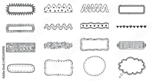 A collection of decorative banners and frames in black and white outline vector style, suitable for creative projects and graphic design