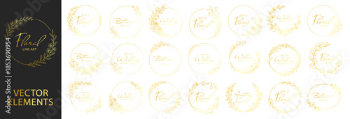 Elegant floral wreath vector set, botanical line art frames for wedding invitations logos and branding, decorative circular floral designs in gold style on transparent background