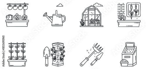 A collection of gardening illustrations featuring pots of plants, a watering can, a greenhouse, and gardening tools in minimal line art style, suitable for gardening themes and home decor
