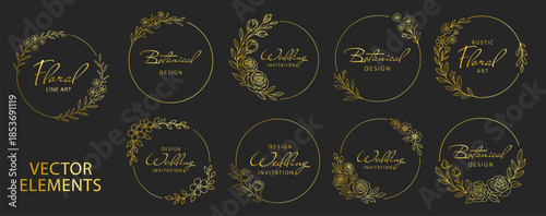 Golden floral wreath frames and circular botanical borders, elegant line art flowers and leaves, luxury decorative wedding invitation design set on transparent background