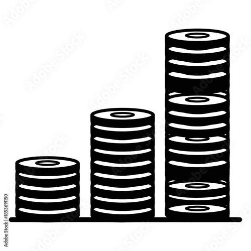 Stacks of coins arranged in ascending order on a plain white background viewed from the side