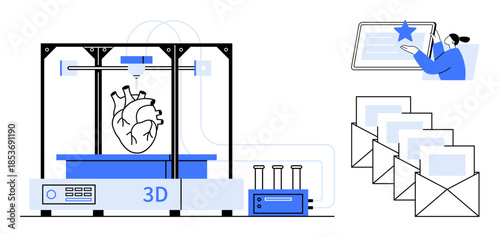 Medical innovation, 3D printing, biotechnology, healthcare communication, educational tools, organ fabrication. A 3D printer creating a heart model, alongside digital feedback and email icons