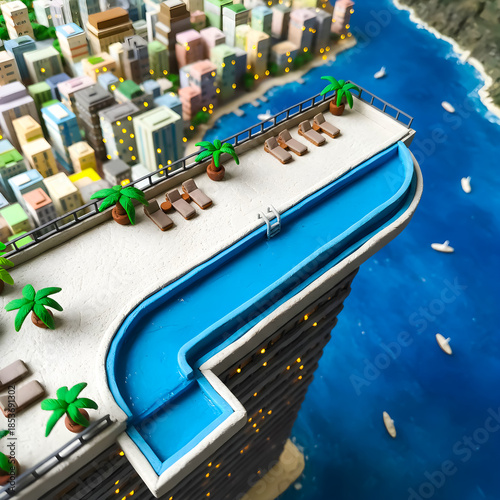 A terrace on a skyscraper with a swimming pool offering a beautiful view of the surrounding city by the sea