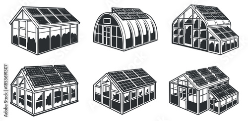 A collection of six various greenhouse designs featuring solar panels in clean black and white vector style, suitable for gardening and sustainable agriculture projects