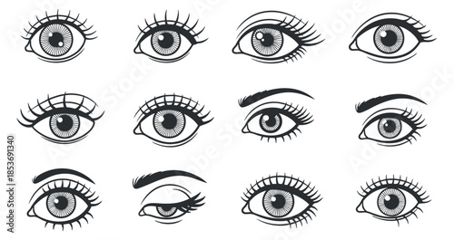 A collection of twelve eye illustrations in black and white outline vector style, suitable for fashion and beauty design