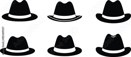 Black Fedora Hat Silhouette Icons Set, Classic Men Headwear Collection Vector, Elegant Noir Fashion Accessory Elements for Graphic Design Projects.
