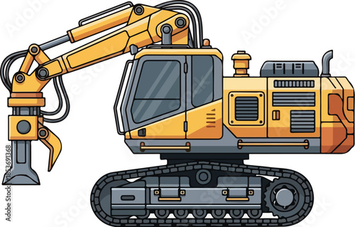 Cartoon Yellow Excavator with Hydraulic Crusher Attachment Isolated on White Background