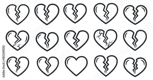 A collection of broken hearts in black and white outline vector style, suitable for expressing emotions of heartbreak and sadness
