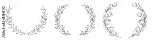 Floral wreath frames set, elegant hand drawn botanical flower outlines, minimal line art decorative branches and leaves vector illustration on transparent background