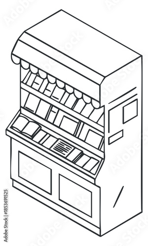 A vending machine with snacks and drinks in black and white outline vector style, suitable for retail and convenience store designs