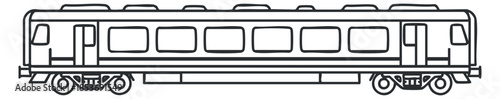 A side view of a train car in black and white outline vector style, ideal for transportation graphics and urban design