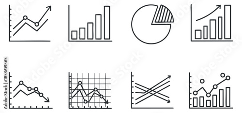 A collection of various graph and chart icons including line, bar, and pie charts in minimalist black outline vector style, ideal for business presentations and data analysis