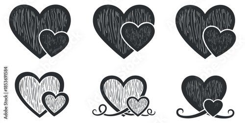 A collection of six heart illustrations featuring intertwined designs in black and white sketch style, perfect for romantic themes and card designs