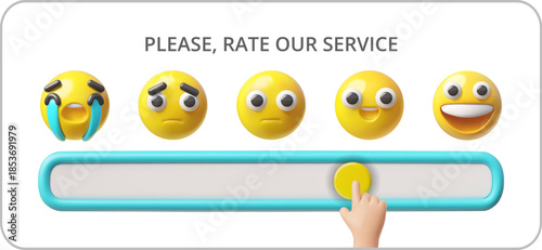 Please, rate our service, emoji 3D vector design, hand pointing to rating on emoticons of different emotions feedback