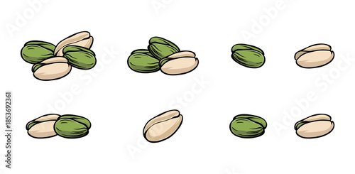 Set of separate pistachio nut elements with open shells and kernels without background.