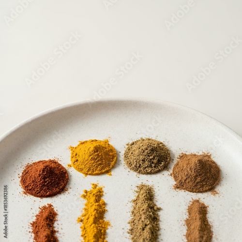 Assorted vibrant spices arranged in small piles on a white plate