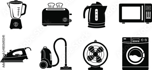 Home appliance icons set, kitchen blender, toaster, electric kettle, microwave, iron, vacuum cleaner, fan, washing machine, household equipment illustration