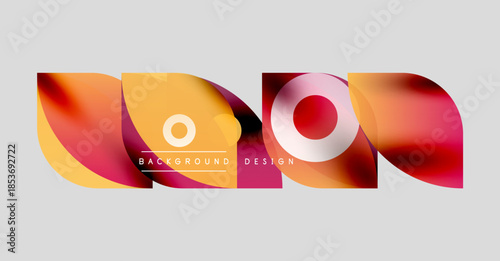 Abstract colorful shapes overlap, creating dynamic background. Text background design present within composition. Bright hues dominate visual space.