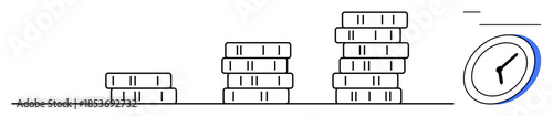 Financial planning, investment strategy, time value of money, revenue growth, wealth accumulation, time management. Increasing coin stacks and stopwatch icon. Financial planning and investment