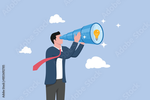 Businessman look through telescope to find lightbulb idea, Product discovery, finding success concept.
