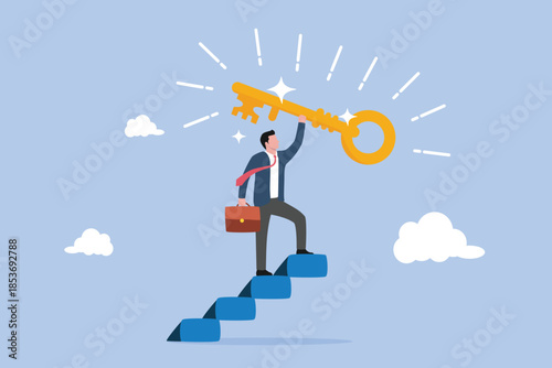 Key to business success, businessman winner walk up to top of stairway lifting golden success, key to the sky stairway to find secret key or achieve career target concept.