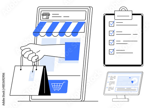 E-commerce, online shopping, retail management, digital marketing, business analytics, order tracking. A phone screen showing online shopping, checklist and analytics screen. E-commerce and online