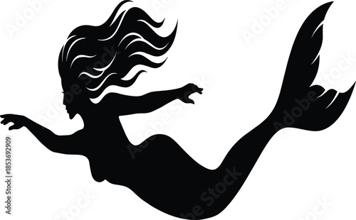 Elegant mermaid silhouette illustration featuring fantasy aquatic woman swimming underwater, mythical sea creature design for folklore art, ocean themes, and vector graphics