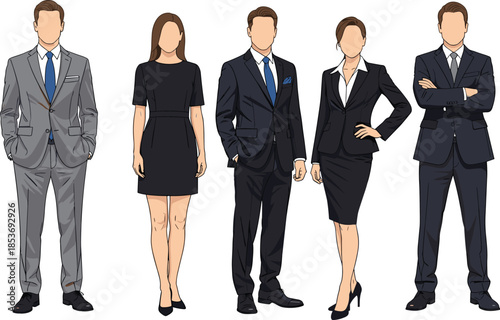 Business, professionals, standing, in, formal, attire, corporate, team, diverse, office, workers, elegant, suits, businesspeople, vector, illustration, teamwork, leadership, modern, workplace