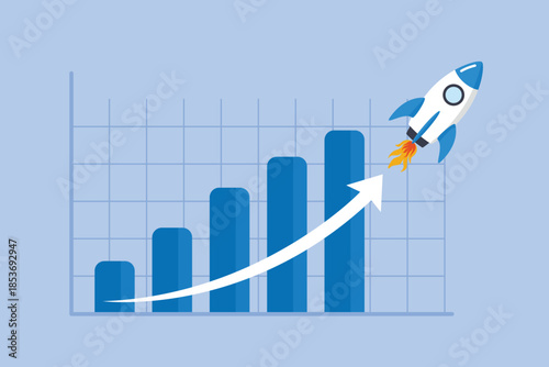 Exponential growth or compound interest, financial report graph with exponential arrow from flying rocket, investment, wealth or earning rising up graph, business sales or profit increase concept.