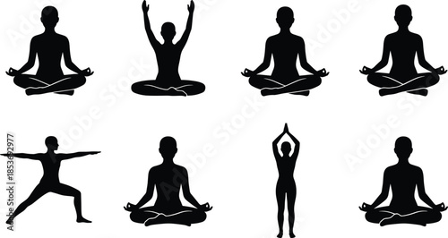 Yoga and meditation silhouettes set showing fitness poses, mindfulness practice, wellness balance, relaxation exercises, and healthy lifestyle illustration isolated on white background