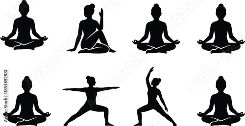 Women yoga and meditation silhouettes set featuring fitness poses, mindfulness practice, body balance, relaxation exercises, and healthy lifestyle illustration isolated on white background