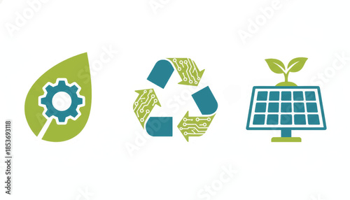Green technology and sustainability icon set. Eco-friendly innovation symbols for solar energy and e-waste recycling. Flat design vector illustration