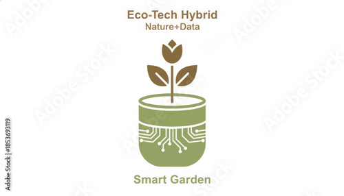 Eco-tech smart garden concept icon. Flat vector illustration of a plant pot with a circuit board. Nature and data hybrid for sustainable agritech