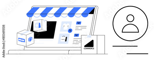 Laptop with storefront canopy, packages, and shopping icons representing e-commerce. User profile icon suggesting personalization. Ideal for online shopping, retail, branding, marketing, technology