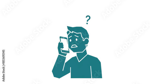 A confused man on an awkward phone call with a question mark. Minimalist flat design vector illustration. Concept for customer support, problems, and miscommunication