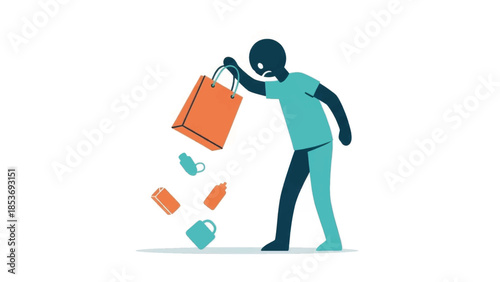 Clumsy person dropping items from a shopping bag. Unfortunate accident and bad day concept. Minimalist flat design vector illustration