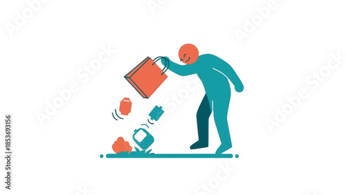 A clumsy person dropping items from a shopping bag. Minimalist flat design vector illustration of a humorous accident.