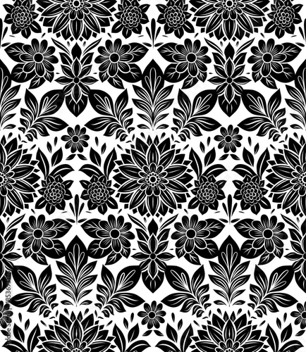 Vector monochrome seamless pattern with decorative flowers and leaves on white background. Detailed folk art ornamental style