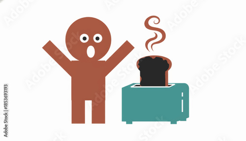 Funny illustration of a character shocked by burnt toast. Humorous kitchen mishap and cooking failure concept. Minimalist flat design vector graphic