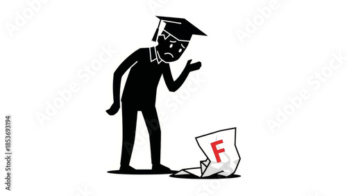 A sad student looking at a failing F grade on a test paper. Minimalist vector illustration of academic failure and disappointment.