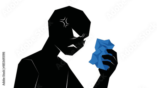 Angry silhouette character crumpling paper. Frustration, failure, and stress concept. Minimalist vector illustration
