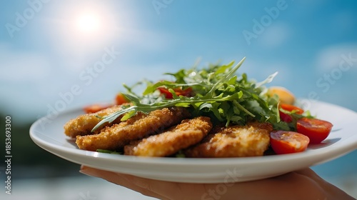 Crispy breaded chicken with fresh salad and tomatoes served outdoors under a bright sky