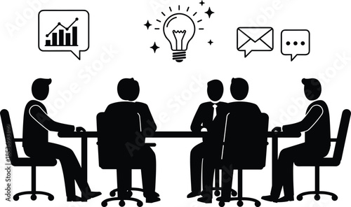 Business team meeting vector, brainstorming session, idea sharing, office communication, growth strategy planning, email messaging, professional collaboration, black silhouette.