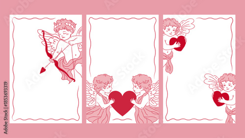 Angels Postcards Set. Rectangular templates for holiday cards, Valentine's Day invitations, or wedding invitations featuring angels and hearts