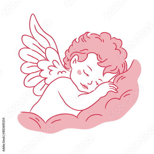 Angel sleeping on clouds, child with wings. Cherub, cupid, vintage vector illustration