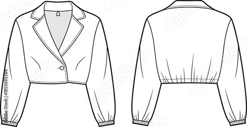 CAD drawing flat vector illustration of cropped jacket with button closure, elasticated cuffs and waist, long sleeves, fashion technical sketch.